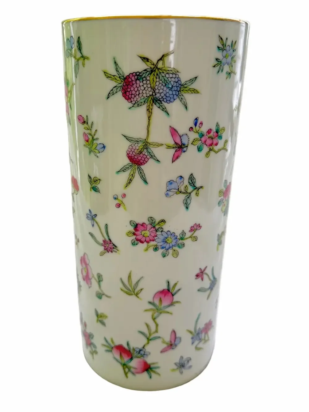 Chinese Famille Rose Hand Painted Porcelain Cylinder Vase 10.75” Gold Rim